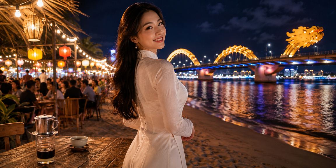 Phố đêm Đà Nẵng với hình ảnh áo dài truyền thống và banner thưởng nạp tiền