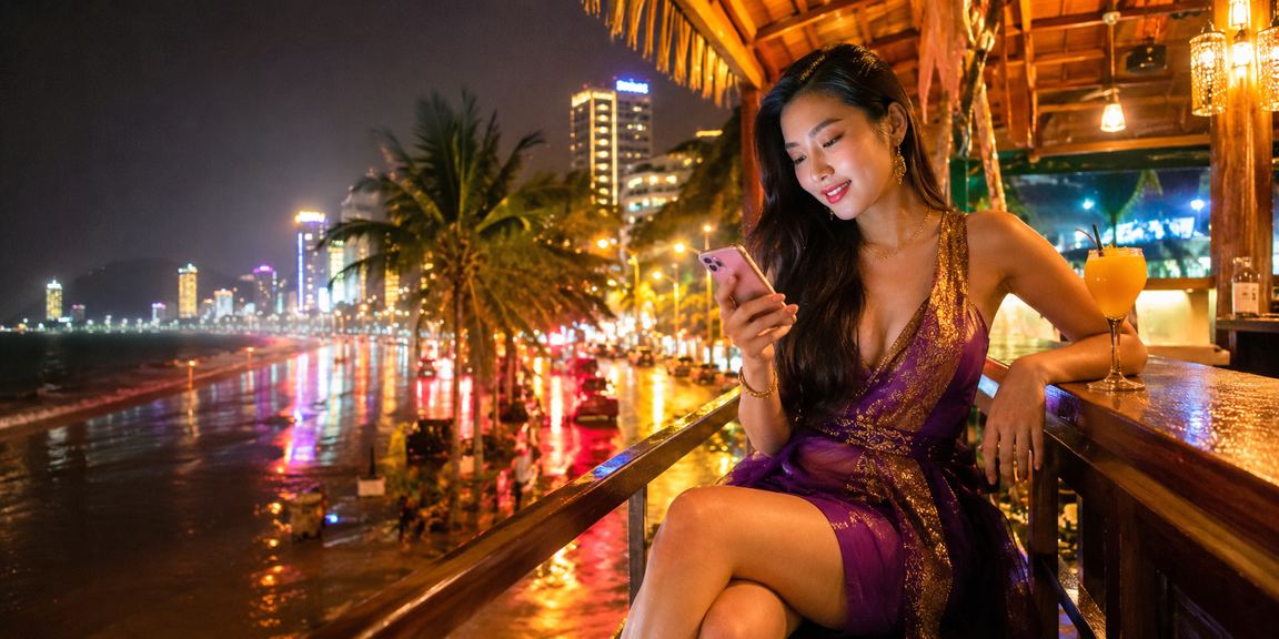 Bãi biển Nha Trang về đêm với biển quảng cáo cashback bonus đầy màu sắc